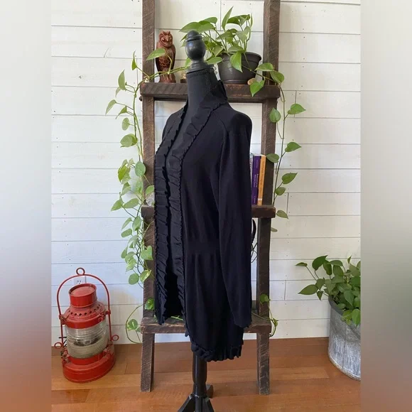 Valerie Steven’s: Elegant Black Open-Front Cardigan Sweater with Ruffle Trim - Picture 17 of 17
